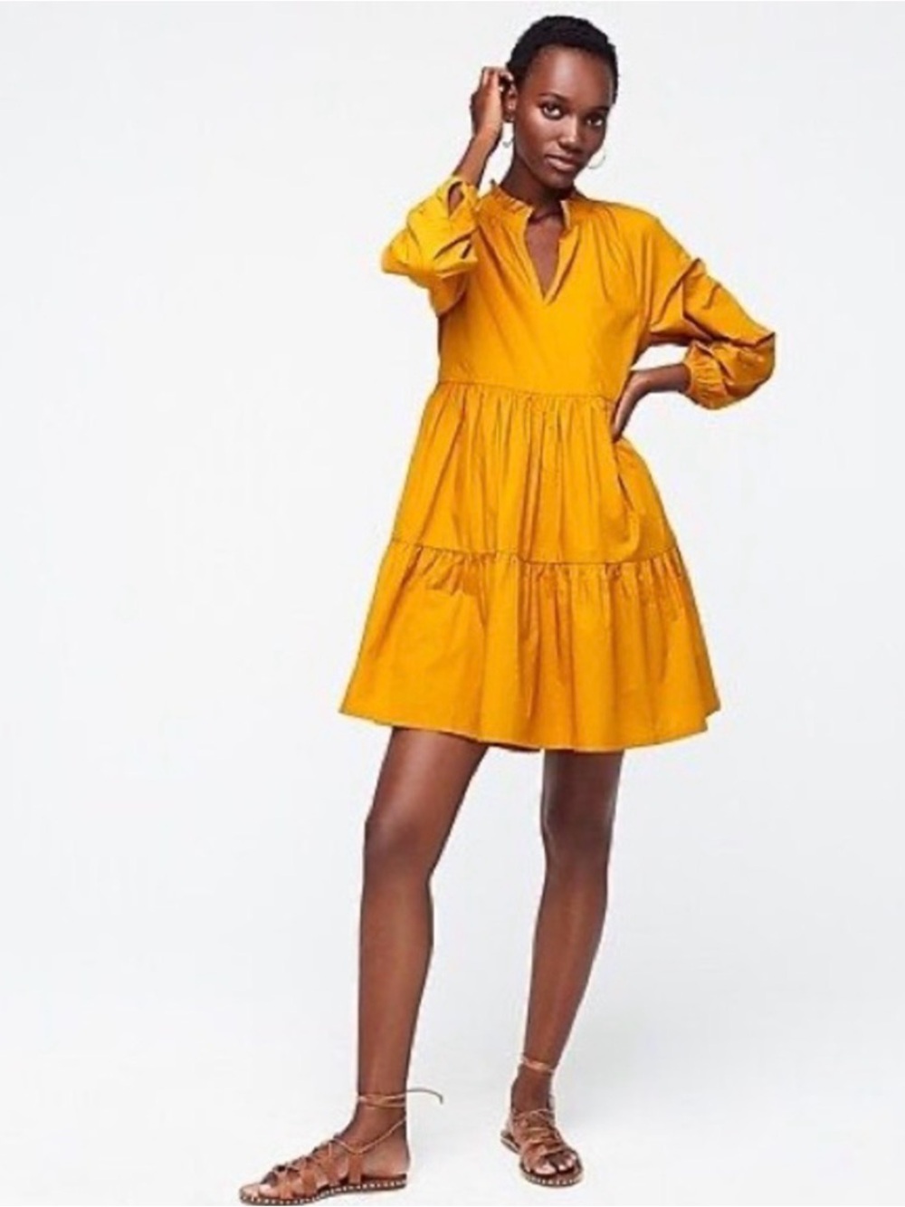 J. Crew Mustard Tiered V-Neck Mini Dress